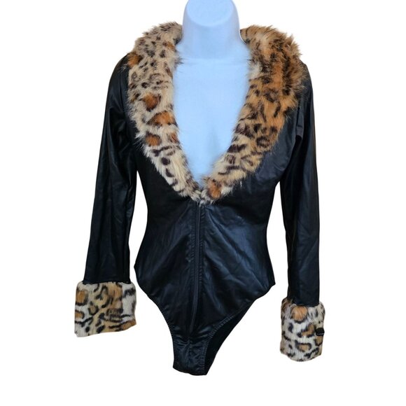 Sexy Black Faux Leather Bodysuit Leopard Print Faux Fur Trim mob wife animal - Picture 1 of 6